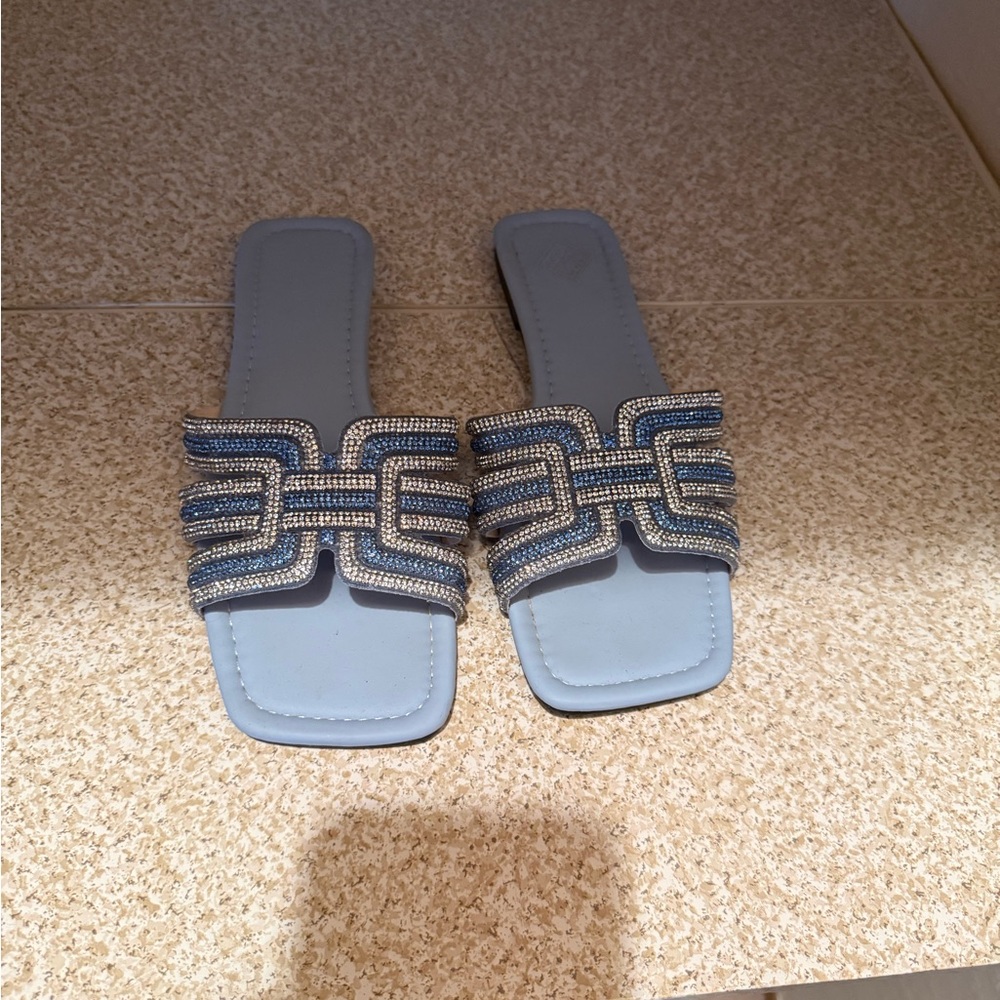 Elegant Blue Beaded Women's Slide Sandals